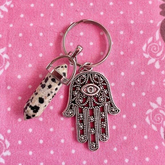 Evil Eye Hamsa Spotted Jasper Crystal Gemstone Keychain - Picture 1 of 3